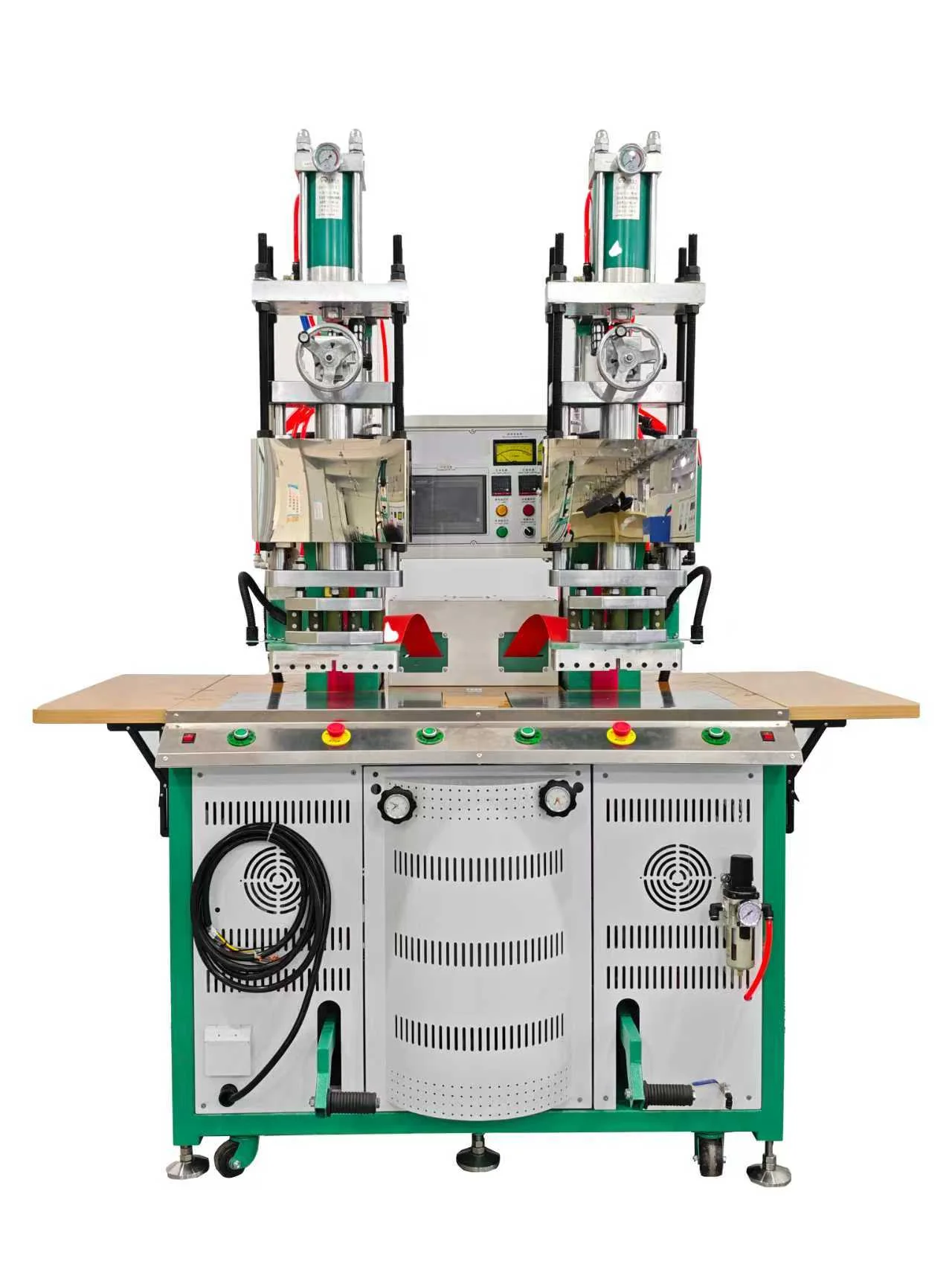 Front view of a dual-head high-frequency shoe embossing machine