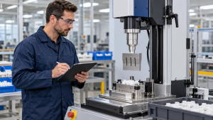 Jfortune engineer completing a site acceptance test on a standard vertical ultrasonic welding machine